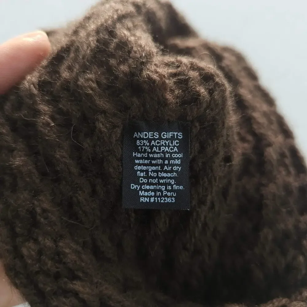 Monkey Knitted Beanie Alpaca Peru Andes Gifts Hat Cap Fitted Youth Small Brown